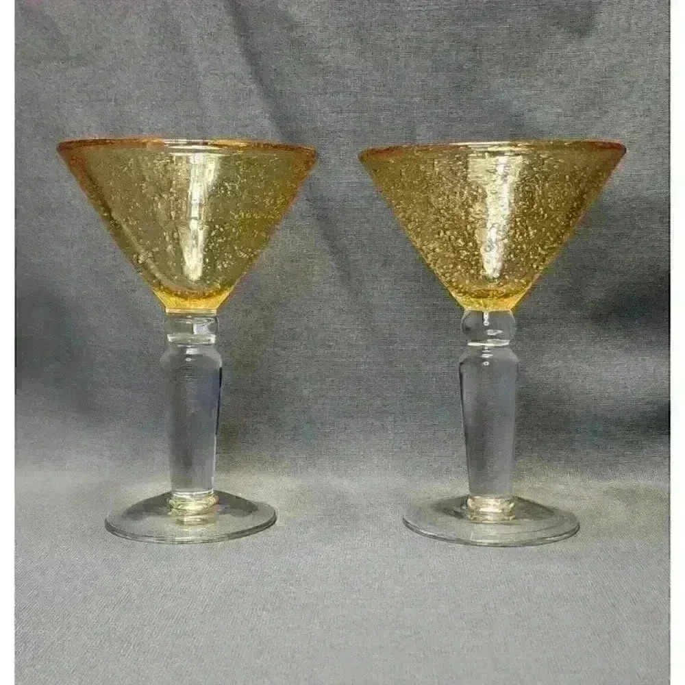 Vintage Hand Blown Bubble Art Glass Amber Martini Cosmopolitan Glasses Set of 2
